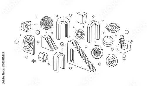 Abstract psychedelic dimension with surreal geometric shapes stairs and mystical symbols modern linear vector illustration