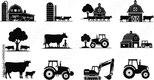 Farm agriculture silhouette icon set, barn tractor cow livestock farming equipment, rural landscape vector collection, isolated black farm elements illustration countryside harvest