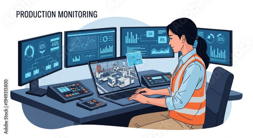Woman monitors production data on multiple computer screens.