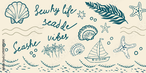 Seashells starfishes and a sailboat in a blue toned hand drawn style