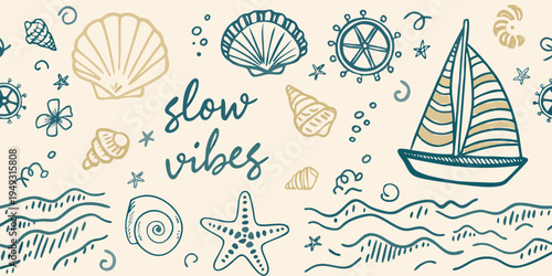Coastal illustration featuring seashells a sailboat and handwritten typography
