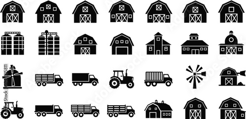Farm buildings and agricultural vehicles icons vector set, barns silos tractors trucks and windmill rural farming symbols collection