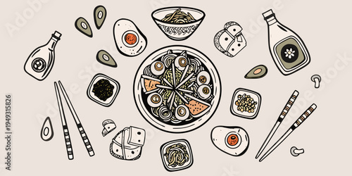 A colorful illustrative arrangement of ramen and various side dishes