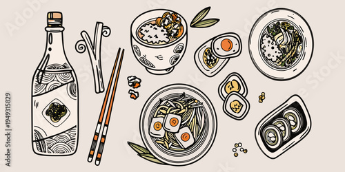 A colorful hand drawn illustration of japanese cuisine and ingredients