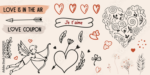 Valentine s day doodles with hearts cupid and romantic french text