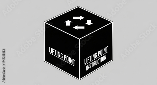 Black cube with lifting point instructions and arrows.