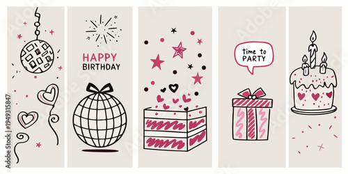 Hand drawn birthday elements including gifts cake and celebratory decorations