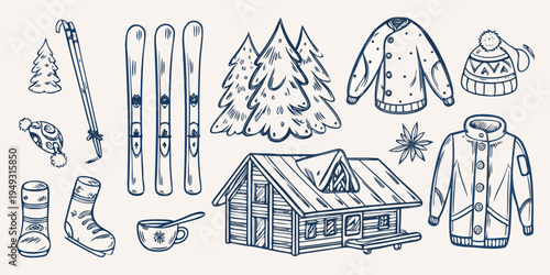 Winter themed sketch featuring ski gear cabin and cozy clothing