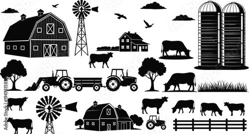 Farm countryside agriculture vector icon set, barn windmill tractor cows silo rural landscape livestock farming elements illustration collection