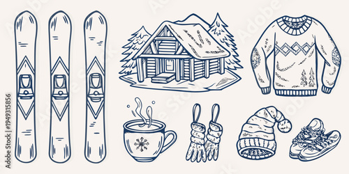 Winter themed sketch featuring skis cabin sweater and hot beverage
