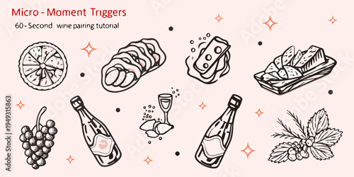 Illustrative guide showcasing wine pairings with cheese fruit and bread