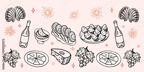 A charming doodle illustration of a picnic spread with wine and cheese