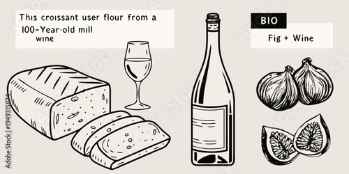 Artistic sketch of bread wine figs and flour with descriptive text