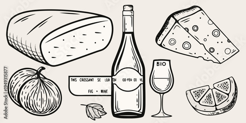 A sketch of cheese bread wine figs and fruit for a picnic