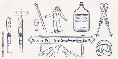 Skiing themed doodles featuring equipment a skier and beverage bottles