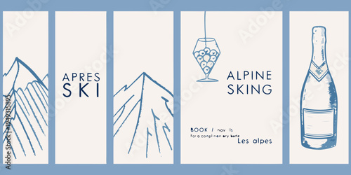 A series of illustrated bookmarks themed around alpine skiing and apr s ski