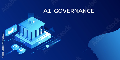 Isometric illustration depicting ai governance with a building and data streams