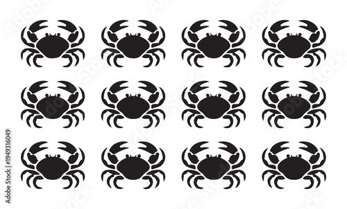 Twelve black crab silhouettes on white background in neat grid formation vector graphic design element