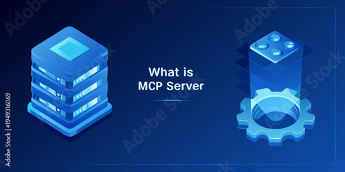 Isometric illustration of a server stack with glowing blue components