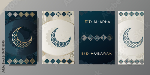 Four eid al adha and eid mubarak banner designs with crescent moons