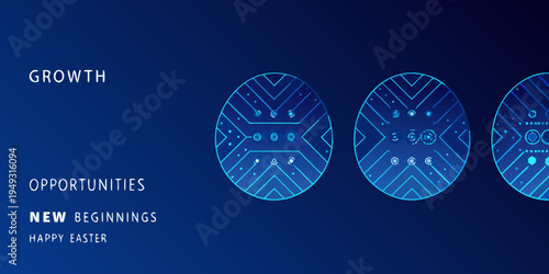 Abstract blue design featuring elliptical shapes and growth related text