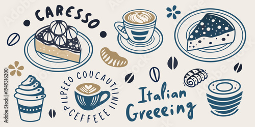 A collection of illustrated coffee pastries and dessert items