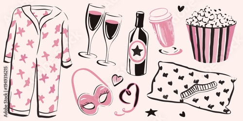 A cozy night in pajamas champagne popcorn and relaxing essentials