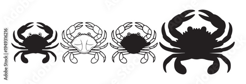 Four different crab illustrations in black silhouette and outline styles on white background vector