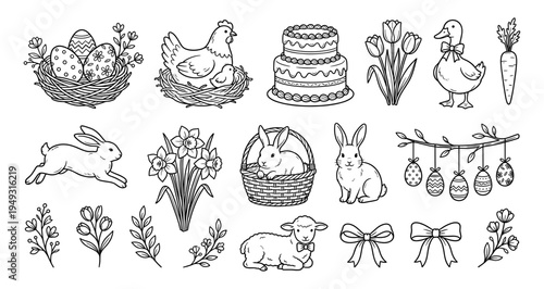 Easter holiday hand drawn doodle set with bunny and egg