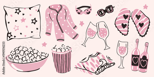 A cozy collection of sleepover essentials with pink accents