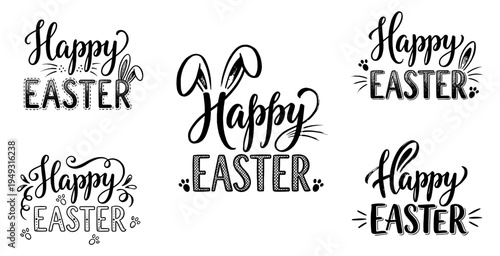 Happy Easter lettering set with bunny ears and paws