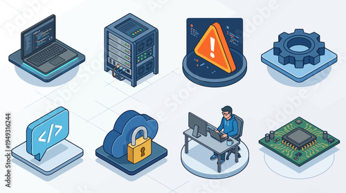 Computing Information Technology Vector Illustration Set Featuring Laptop Coding, Server Rack, Cybersecurity Warning, Gear Settings, Web Development, Cloud Security, IT Professional, Microchip 