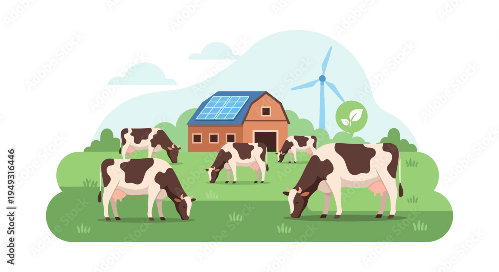 Naklejka premium Sustainable Dairy Farm: Grazing Cows, Solar Panels, and Wind Turbine for Eco-Friendly Livestock Production