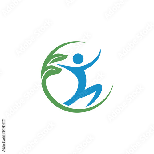 A dynamic blue human figure jumping with arms outstretched inside a green leaf swirl. Represents health, fitness, or eco-friendly living, Represents health, fitness, or eco-friendly living, Dynamic