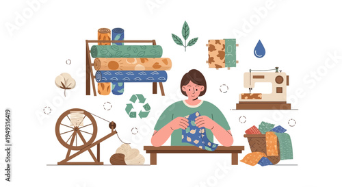 Sustainable Textile Production & Eco-Friendly Fashion. Handmade Crafting Process with Natural Materials, Recycling & Sewing Illustration.