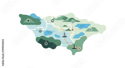 Illustrated Map of Energy Resources and Infrastructure Network with Oil & Gas Wells & Geothermal Sites