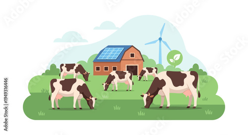 Sustainable Dairy Farm: Grazing Cows, Solar Panels, and Wind Turbine for Eco-Friendly Livestock Production