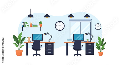 Modern Empty Office Workstations Illustration: Clean Business Environment with Desks, Computers, and Plants for Hybrid or Remote Work Concepts