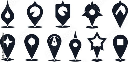 Collection of diverse location pin map marker icons in dark blue on white Background Keywords: map marker, location pin, navigation, pointer, pin