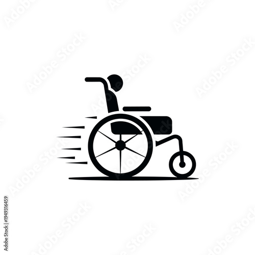 A black and white graphic symbol of a wheelchair in motion, with stylized lines indicating speed and quickness. Represents mobility and assistance, Represents mobility and assistance, Black, White