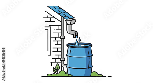 Rainwater Harvesting System: Blue Barrel Collecting Rain from Roof Gutter. Sustainable Water Conservation & Eco-Friendly Living