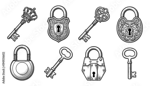 Ornate antique padlocks and decorative skeleton keys vintage engraving set