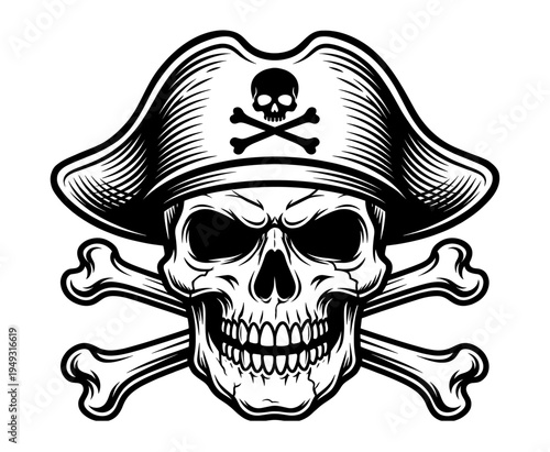 Pirate skull in tricorne hat with crossbones engraving