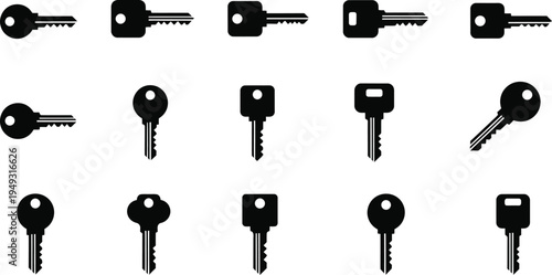 Collection of Black Silhouette House and Car Keys on White Background icon