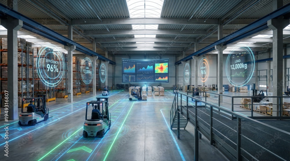 Fototapeta premium Automated forklifts navigate a modern warehouse with digital data overlays.