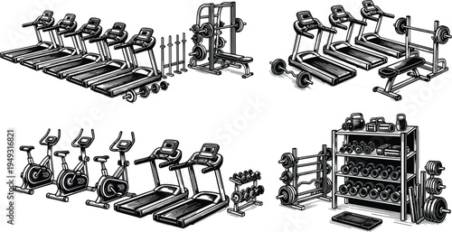 Gym fitness equipment vector set, treadmills exercise bikes dumbbells and weight training machines collection, modern workout gym illustration