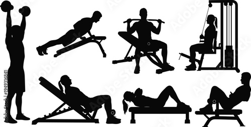 gym workout silhouettes vector collection, men and women fitness exercises with dumbbells machines and benches, bodybuilding training routine set