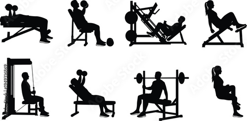 gym workout silhouettes vector collection, men and women performing weight training exercises with dumbbells machines benches fitness routine set
