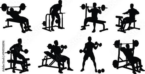 gym workout silhouettes vector set, bodybuilding and weight training exercises with dumbbells and barbells, fitness athlete workout collection