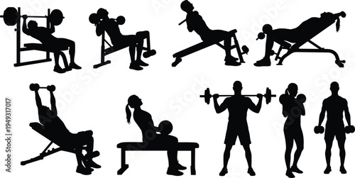 gym workout silhouettes vector set, men and women weight training exercises, bodybuilding fitness equipment bench press dumbbell workout collection